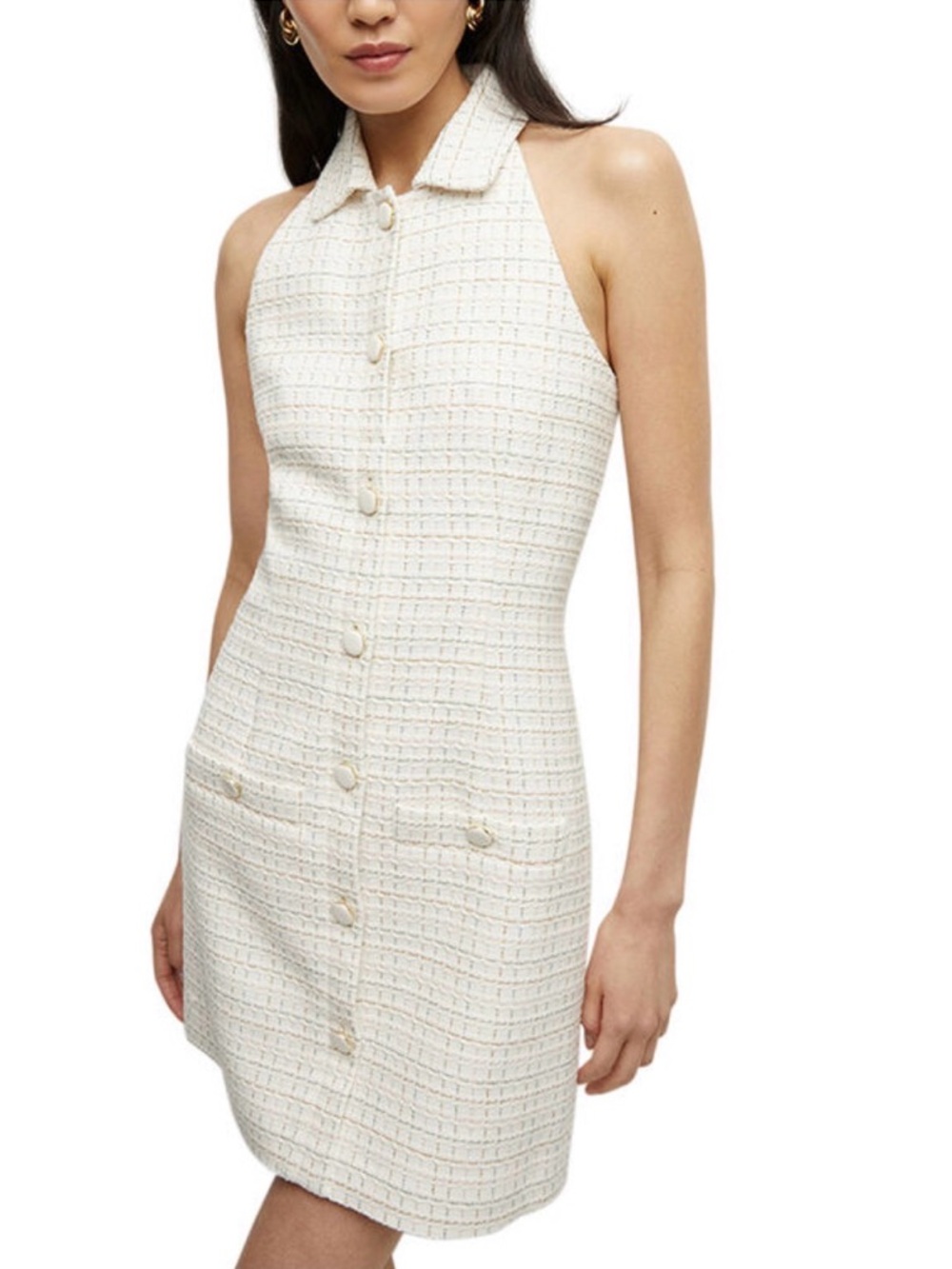 Veronica Beard Roxanne Cream Tweed Halter Button-Front Mini Dress